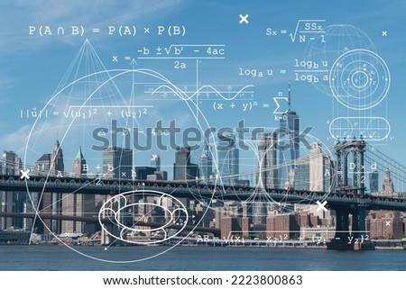 Brooklyn and Manhattan bridges with New York City financial downtown skyline panorama at day time over East River. Technologies, education concept. Academic research, top ranking university, hologram