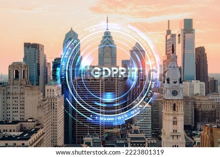 Aerial panoramic skyline of Philadelphia financial downtown, Pennsylvania, USA. City Hall Clock Tower at sunset. GDPR hologram, concept of data protection regulation and privacy for all individuals