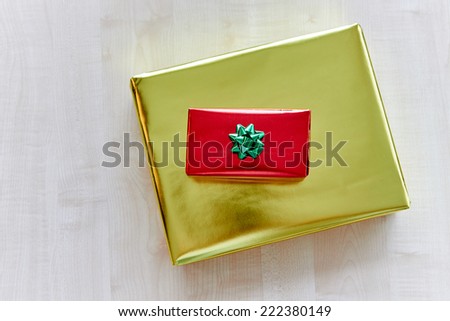 Top view showing luxury gift boxes, red and golden