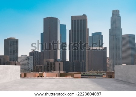 Skyscrapers Cityscape Downtown, Los Angeles Skyline Buildings. Beautiful Real Estate. Day time. Empty rooftop View. Success concept.