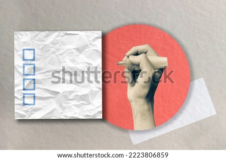 Checklist concept. Modern art collage. A hand holds a marker. Questionnaire layout. Retro style.