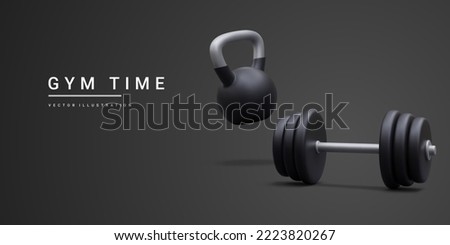 3d realistic banner with dumbbells and kettlebell isolated on black background. Vector illustration Royalty-Free Stock Photo #2223820267