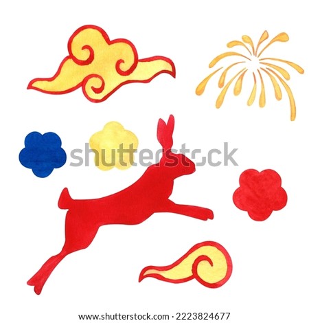 Chinese  watercolor set red, gold and blue colors. Asian decorative elements for your design. Clip art of flowers, clouds, hare, rabbit, firework. Hand drawn new-years illustration isolation on white.
