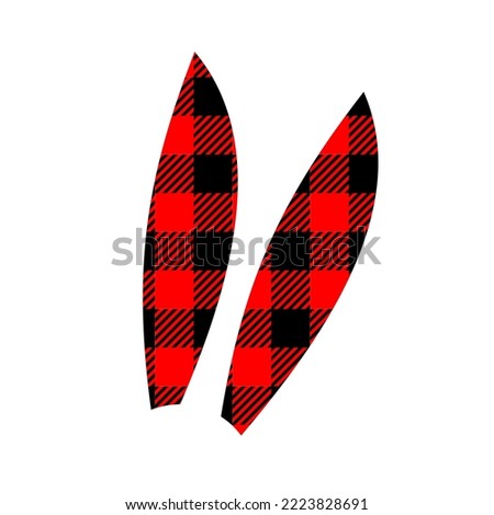 Bunny ears silhouette with red and black Christmas buffalo pattern. Cute rabbit ears with gingham checkered print for New year celebration isolated on white background. Vector flat illustration