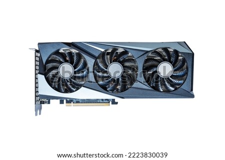 Isolated modern graphics card with three fans. Front side Royalty-Free Stock Photo #2223830039