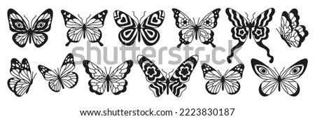 Butterfly tattoo art stickers. Black sketches. Vector hand drawn illustration, butterfly silhoette in trendy retro 2000s style. Y2k aesthetic.