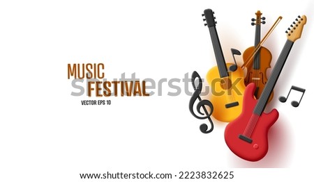 Music festival 3d composition of guitar violin and bass with clef and notes, colorful poster element