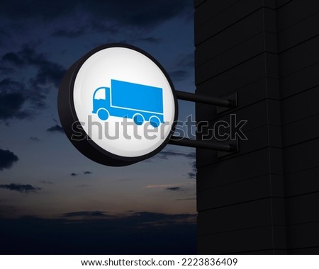 Delivery truck icon on hanging black rounded signboard over sunset sky, Business transportation service concept, 3D rendering