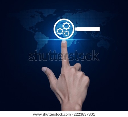Hand pressing seo flat icon over digital world map technology style, Search engine optimization concept, Elements of this image furnished by NASA
