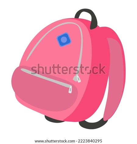 Cartoon pink schoolbag with textbook inside. Flat design stationery. Isolated on white background, EPS10 vector