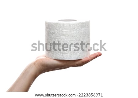 Close-up of a woman hand using toilet paper isolated on a white background. Hand holding roll of tissue paper. white roll toilet paper on female hand Royalty-Free Stock Photo #2223856971