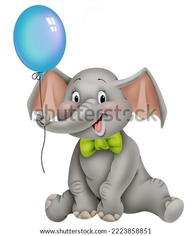 A cute baby elephant sits with a green bow tie and a blue balloon. Illustration isolated on white background. Perfect for the design of posters, textiles, greeting cards, stickers
