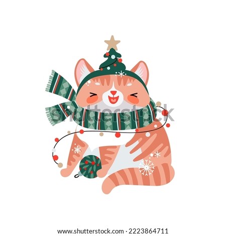Cute simple cartoon cat with funny hat and scarf for print on Christmas giftware