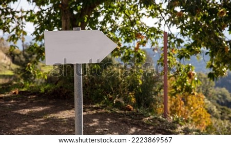 Footpath Signpost template, Direction to path sign. Empty white metal arrow on pole, blur nature background, 