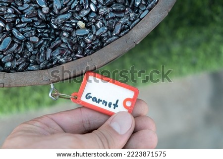 Garnet small mineral rock stones gemstone particles. Hand hold a tag sign on a stone store