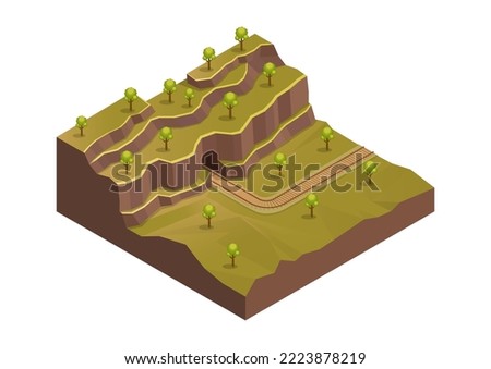 isometric mountain with railroad and trees