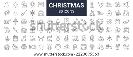 Set of 50 christmas outline icons. Holiday symbol. Line Xmas icons collection. Editable stroke
