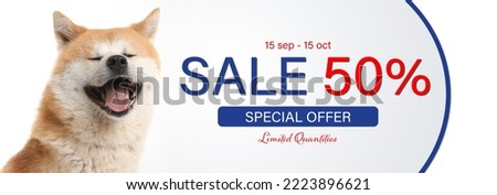 Advertising poster Pet Shop SALE. Cute dog and discount offer on light background, banner design