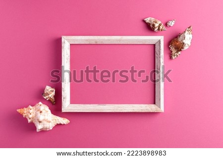 Top view of picture frame with blank space decorated with seashells isolated on bright pink background.