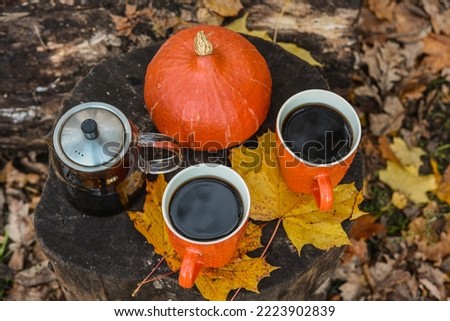 autumn background. black coffee in orange mugs and a teapot on a stump. orange pumpkin. yellow fallen leaves