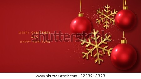 Red Christmas Background with golden realistic snowflakes and shiny balls. Christmas poster, greeting cards. Flat lay, top view. Holiday composition Royalty-Free Stock Photo #2223913323