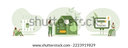 Sustainability illustration set. Characters monitoring private electricity and central heating meter and calculating household utility bill. Home energy efficiency audit concept. Vector illustration. Royalty-Free Stock Photo #2223919829