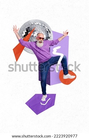 Creative photo 3d collage artwork of happy elderly man modern dance freestyle hiphop feel young nightparty isolated on painting background