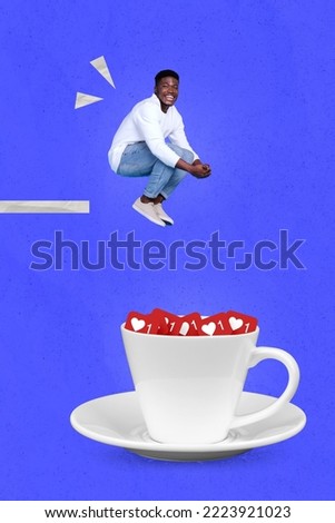 Creative photo 3d collage artwork poster of funny funky boy follower fly big mug full social media likes isolated on painting background Royalty-Free Stock Photo #2223921023