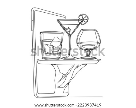 Continuous one line drawing of dish with glasses with cocktails in hand on screen smart phone drawn from the hand Vector illustration.