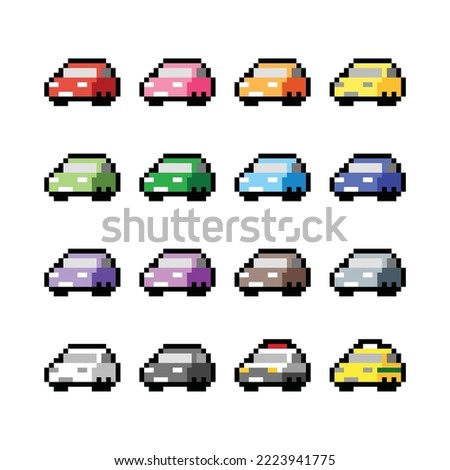 Cars automobile pixel art in isolated white background, pixelated cars, video game icons