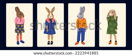 Various anthropomorphic Rabbits. Hand drawn Vector illustration. Cute cartoon creatures standing. Fashion animal characters. Different stylish clothes. Every bunny is isolated. New year symbol Royalty-Free Stock Photo #2223941885