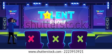 Online tv translation of a talent show stage and celebrity jury behind a desk. Star contest show for people with skills: dancers, singers. Promotion background. Cartoon style vector illustration. Royalty-Free Stock Photo #2223953921