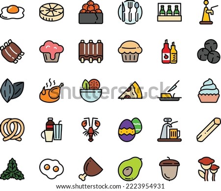 Fodd color icon set - salad, pizza piece, lobster, gunkan, pretzel, ketchup, acorn, fried chicken, cupcake, butter knife, ham, ribs, fork spoon plate, omelette, easter egg, drinks, muffin, beer pack