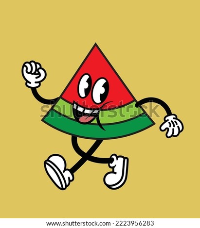 vintage cartoon comic character of a running slice of a watermelon
