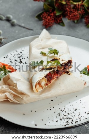 Shawarma sandwich gyro fresh roll of lavash chicken beef shawarma falafel RecipeTin Eatsfilled with grilled meat, mushrooms, cheese. Traditional Middle Eastern snack