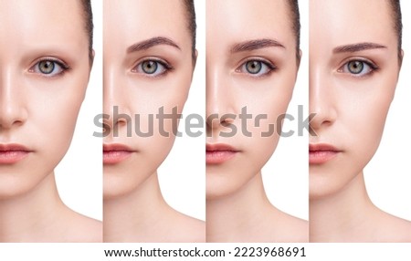 Young woman with bald eyebrows chooses the shape of the eyebrows.