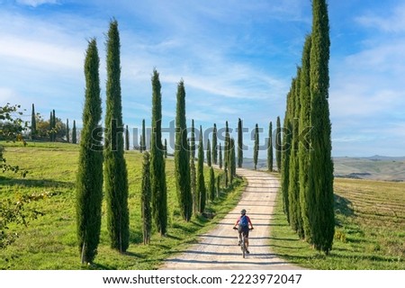 nice senior woman riding her electric mountain bike in a cypress avenue in Tuscany,Italy Royalty-Free Stock Photo #2223972047