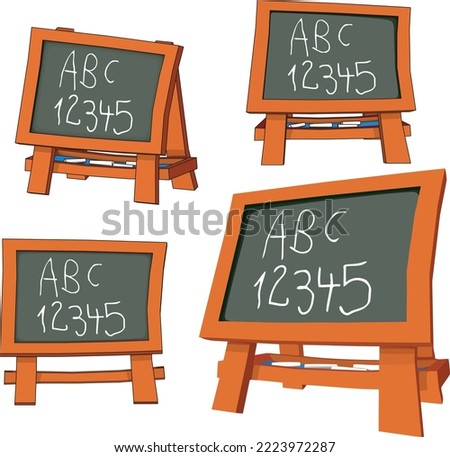 Cartoon children's chalkboard with wooden frame and white chalks.