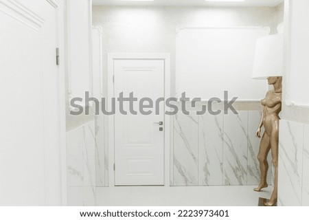 Modern white door. marble wall with free space. Minimalistic bright interior