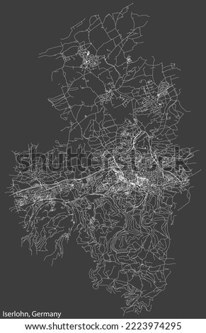 Detailed negative navigation white lines urban street roads map of the German regional capital city of ISERLOHN, GERMANY on dark gray background