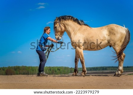 A young beautiful girl is engaged with a horse on a farm.