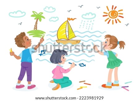 Two girls and a funny boy are painting the sea on the wall. Picture of the sea, ship, island, sun and clouds. In cartoon style. Isolated on white background. Vector illustration