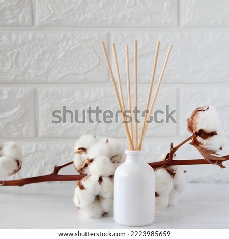 The aroma reed diffuser with the stick perfume are decorated in the room minimal design idea with cotton flowers Royalty-Free Stock Photo #2223985659