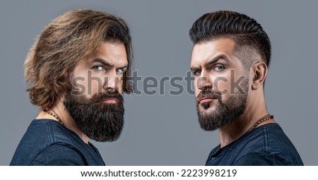 Shaving, hairstyling. Beard, shave before, after. Long beard Hair style hair stylist. Collage man before and after visiting barbershop, different haircut, mustache, beard. Male beauty, comparison. Royalty-Free Stock Photo #2223998219