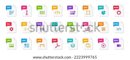 File type icons. File formats in flat design. File and documents extensions. Icons for ui. Vector illustration. Royalty-Free Stock Photo #2223999765