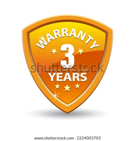 Protection shield. Warranty 3 years medal. Orange guarantee badge. Vector emblem. Quality sign.