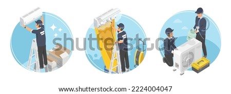 air conditioner home services icon concept install clean and maintenance house delivery team isometric Royalty-Free Stock Photo #2224004047