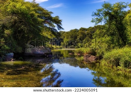 Landscape view of Stony Brook that poweres the Grist Mill of the same name. Royalty-Free Stock Photo #2224005091