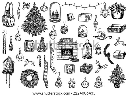 Set of Christmas holidays doodles. Xmas decorations, trees, wreath, garlands, candles, gifts. Hand drawn vector illustrations. Outline clip arts collection isolated on white.