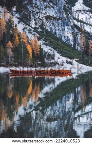 Lago di Braies Pragser Wildsee Drone autumn fall Italy Boats and reflection